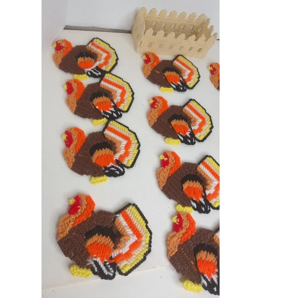 Vintage Plastic Canvas Needlepoint Thanksgiving Holiday Coasters Caddy Set of 12